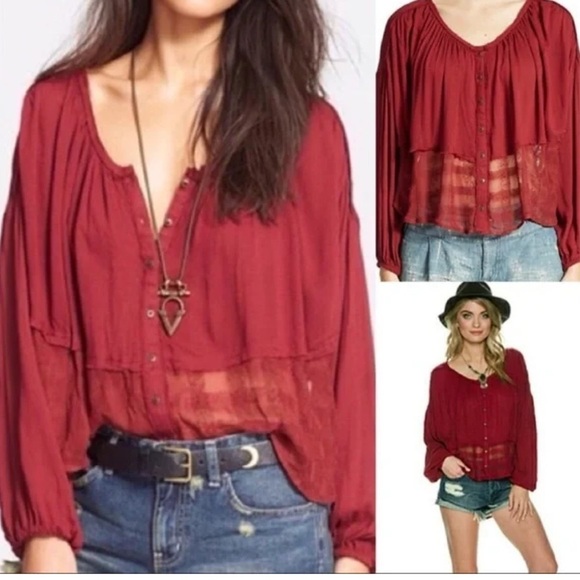 Free People Gauze Rainy Day Swing Blouse Oversized Burgundy Lace at Hem  Size XS - Picture 1 of 10
